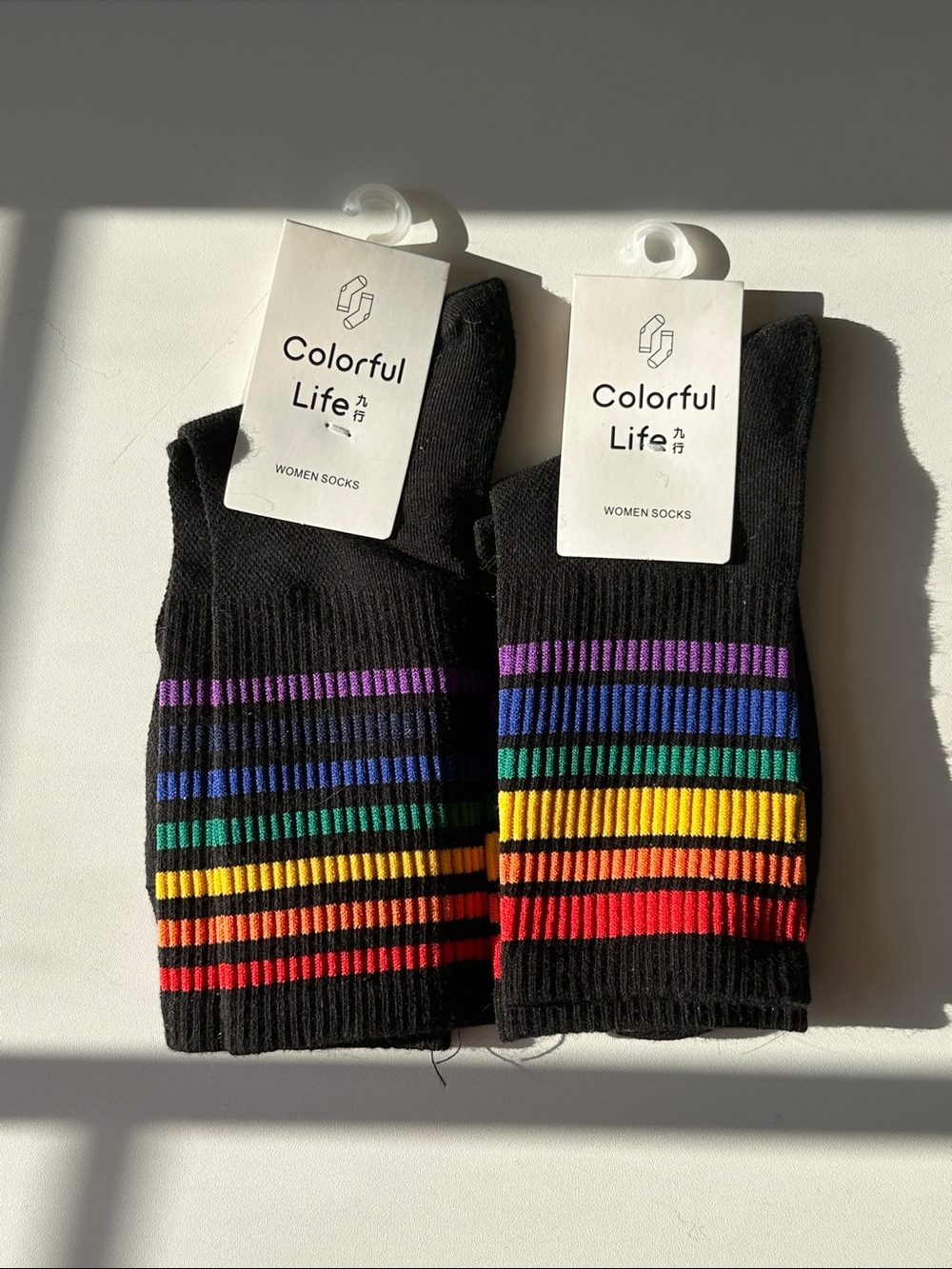 Black Crew Socks with Rainbow Stripes